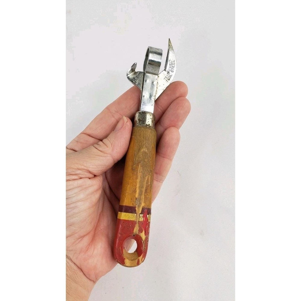 Vintage Multi Can Bottle Opener Tempered Tool Steel Red Wood Chippy Handle USA